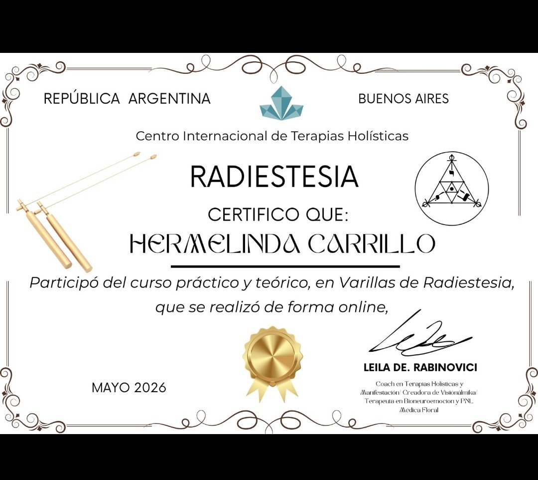 Certificado de Hermelinda Carrillo en Varillas de Radiestesia, Centro Internacional de Terapias Holísticas